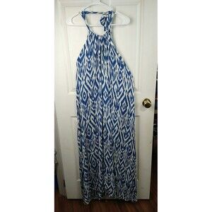 Elan Woman OS Maxi Dress Cristina Halter Blue Print NWT Boho Lagenlook Casual